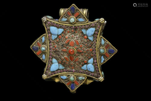 Tibetan “mandala” ghau in gold and silver with turquoise, lapis lazuli, ruby and red coral