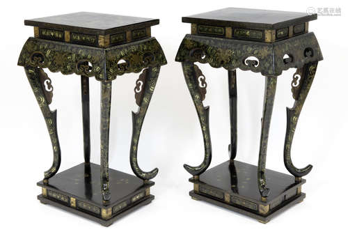 nice pair of antique Chinese pedestals in lacquered wood with fine decors with fishers in landscape