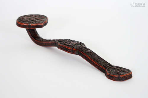 Chinese sceptre in lacquered wood with finely sculpted decoration