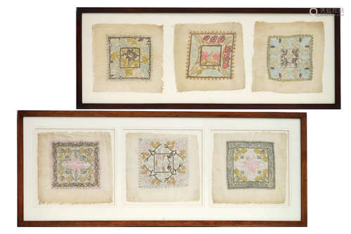 six small antique oriental embroideries on a handwoven canvas – in two frames