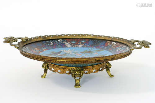 antique cloisonné dish with a chinoiserie style mounting in bronze