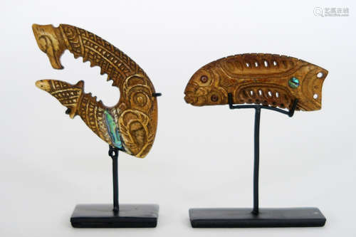 two Alaskan finely sculpted Inuit Tlingit Culture sharms in cetacean bone, worn by shamans