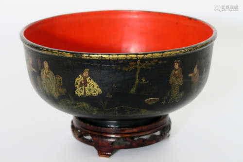 Chinese papier maché bowl with black and red lacquer and guilded scenes