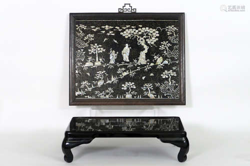 old Chinese lacquered stool & a Chinese panel with egg’s lacquer and inlay of mother of pearl and with the representation of two Sages