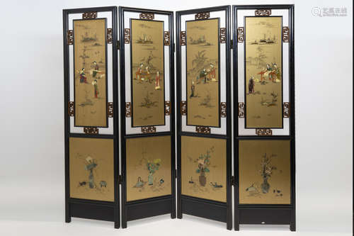 Chinese screen with 4 lacquered wooden panels with incrustation of ivory on both sides