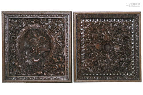 pair of Balinese panels in wood with finely sculpted reliefs