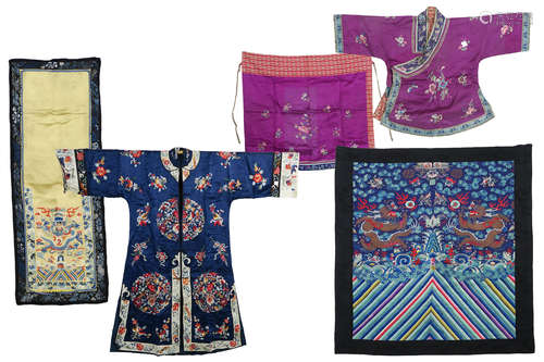 several antique and old pieces of Chinese textile with a twenties’ dress