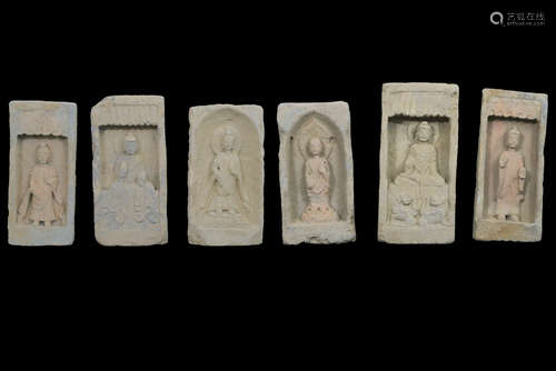 six Chinese Wei-dynasty temple tiles in earthenware each with a different representation of ‘Buddha’