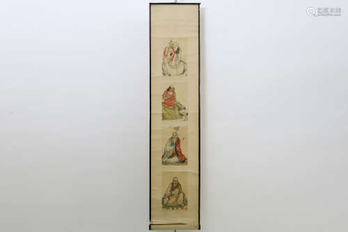 Chinese scroll with four signed paintings, each with a Sage