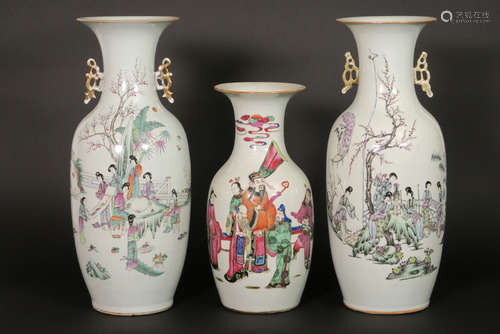 3 Chinese vases in porcelain with polychrome decor