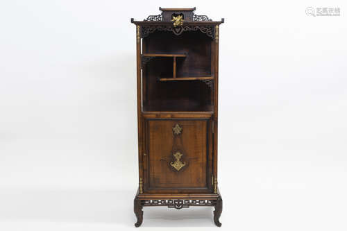 19th Cent. French cabinet with a typical “Viardot Chinese style” design in walnut with a door, several what-nots and a quite special top – with mountings in bronze with the typical dragon