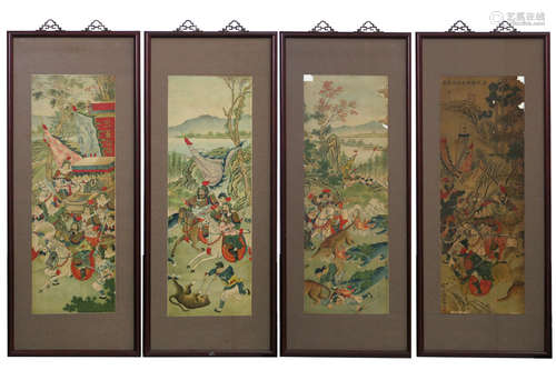 set of 4 Chinese mixed media representing one imperial tigre hunting party