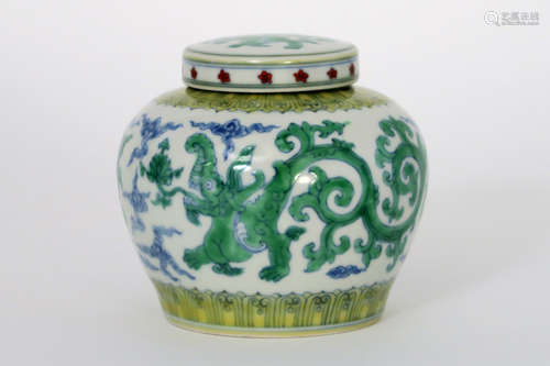 Chinese lidded “Tao Tie” jar in marked porcelain