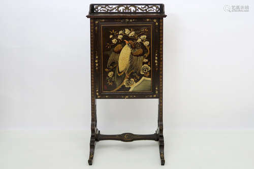 antique very special “Chinese” desk with a foldable writing leaf and nice interior in lacquerware with a decor of birds and flowers