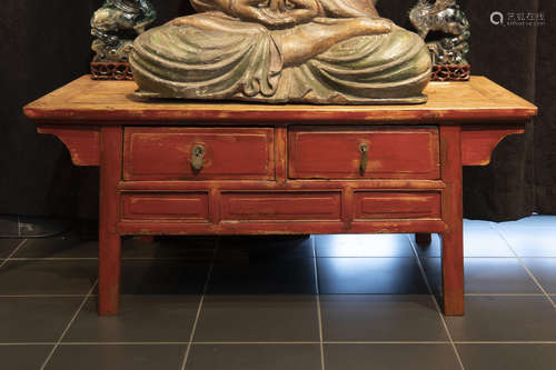 antique Chinese two drawer table in partially lacquered wood