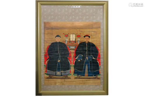 framed Chinese ancestral portrait painting with old man and woman
