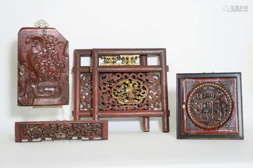 several antique and old Chinese (bed) panels, one with a fô dog and one with four figures