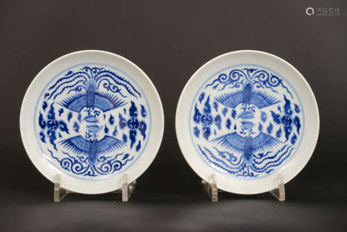 two small Chinese plates in marked porcelain with blue/white decor with phoenixes