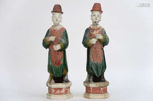 pair of Chinese Ming dynasty tomb figures in partially glazed earthenware – each with certificate