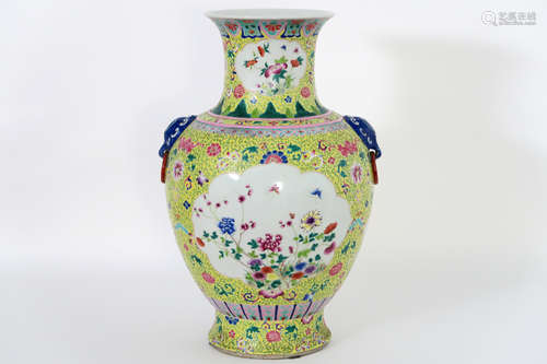 Chinese ‘Famille Rose (on yellow background)’ vase in marked porcelain