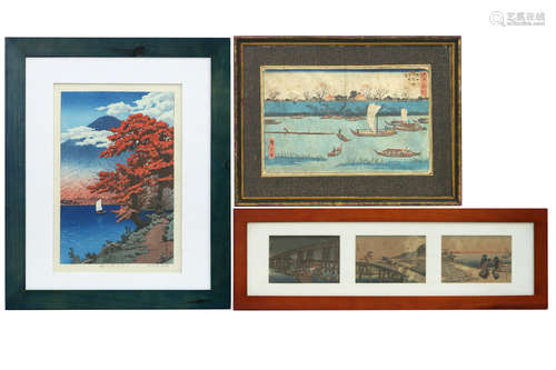 several Japanese prints print in colors with one after Kawase Hasui