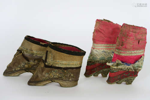 two pairs of antique Chinese ladies’ shoes in embroidered silk