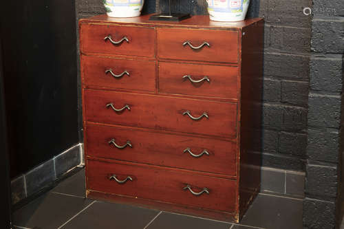 small antique Japanese chest of drawers in red lacquered wood