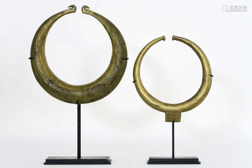 two African Congolese “Teke” necklaces in bronze with typical gemetric patterns