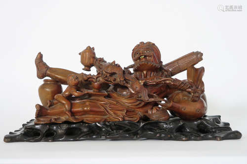 antique Chinese “Bodhidharma” sculpture in rosewood on its original base