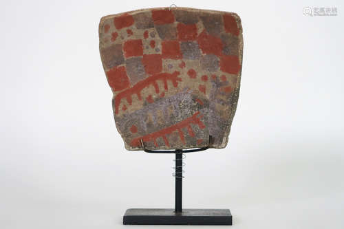 archaeological 7th Cent. Tiahuanaco Culture ‘Chucu’ plaque in painted stone  –  with attestation by “Daroun”