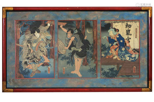 antique Japanese triptych with three Kunisada prints in one frame