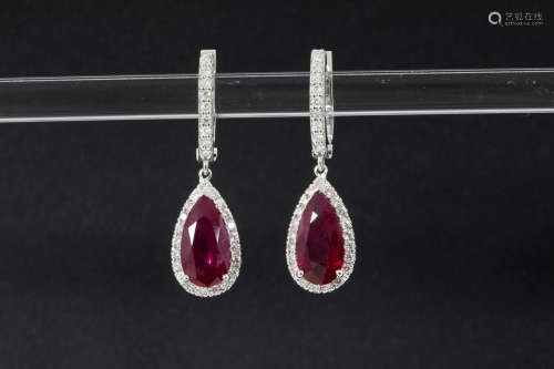 superb pair of handmade earrings in white gold (18 carat) with 3,54 carat of Burmese ruby and ca 1,30 carat of very high quality brilliant cut diamonds – with two “GRS” certificates for the pair of rubies (2,04 and 1,49 carat)