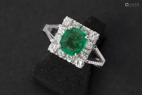 sixties’/seventies’ ring in white gold (18 carat) with a ca 1 carat Colombian emerald and ca 0,65 carat of quality brilliant cut diamonds