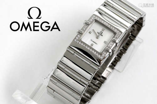 completely original “Omega Constellation Quadro” ladies’ wristwatch in steel with face surrounded by brilliant cut diamonds – marked