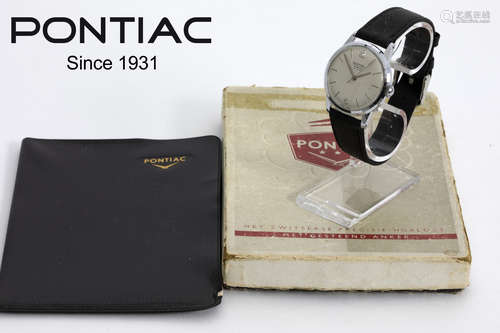 sixties’  vintage “Pontiac” mechanic wristwatch in steel – with its original box and invoice dd 1962 – marked