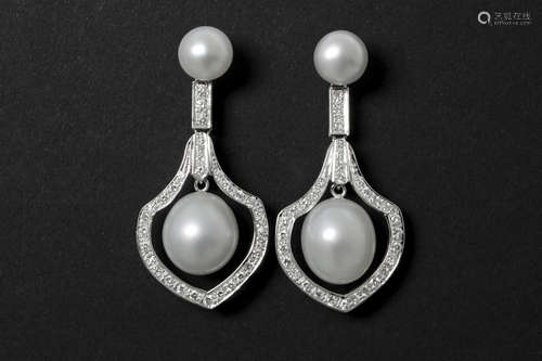 pair of earrings in white gold (18 carat) with real SouthSea-pearls and ca 1,20 carat of very high quality brilliant cut diamonds