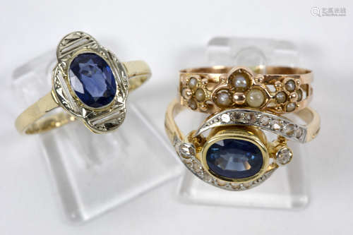 three ‘antique’ rings in yellow gold (18 carat), two with sapphire and diamonds and one with small pearls