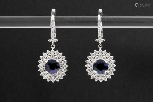 pair of earrings in white gold (18 carat) with more then 3,20 carat of sapphire and ca 1,70 carat of high quality brilliant cut diamonds