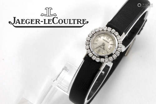 vintage mechanic ladies’ “Jaeger-Le Coultre” wristwatch (backwinder) in white gold (18 carat) with face surrounded by brilliant cut diamonds – marked