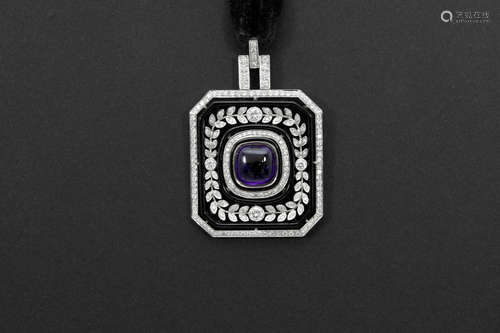 beautiful old neoclassic octogonal pendant in platinum with a central cabochon cut amethyste, black onyx and ca 2 carat of white quality brilliant cut diamonds