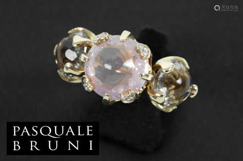 Italian “Pasquale Bruni” ring in pink gold (18 carat) with ca 25 carat cabochon cut quartz stones and ca 0,20 carat of very high quality brilliant cut diamonds – signed