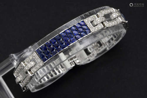 very nice Art Deco (Boucheron) style bracelet in white gold (18 carat) with ca 14 carat of sapphire with nice color and special cut and at least 2,80 carat of high quality brilliant cut diamonds