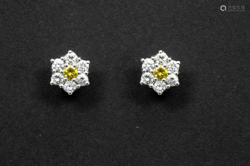 pair of earrings in white gold (18 carat) with ca 0,55 carat of natural fancy vivid yellow and white high quality brilliant cut diamonds