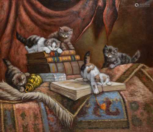 'Spelende katjes', gesigneerd 'H.J. Jasper' r.o., doek. Afm. 69,5 x 80 cm.