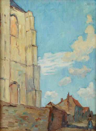 Dirk Jan Koets (1895-1956) 'Zicht op de Grote Kerk te Veere vanuit de Kapellestraat', gesigneerd l.