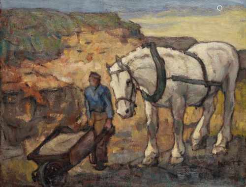 Dirk Jan Koets (1895-1956) 'Zandafgraving bij Veere', gesigneerd r.o., doek. Afm. 31 x 39 cm.