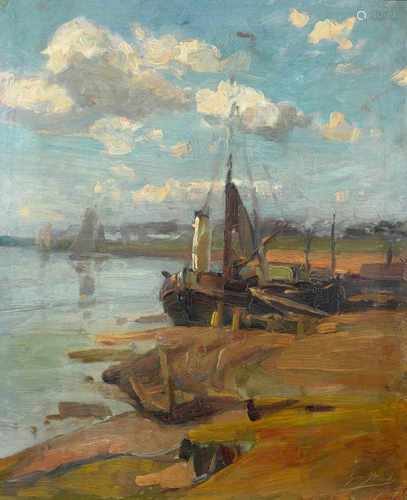 Gerard Jacobs (1865-1958) 'Aangemeerde bomschuit', gesigneerd r.o., board. Afm. 44 x 36 cm.