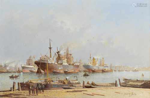 Hendrik Vader (1928-1997) 'Bedrijvigheid in de haven', gesigneerd r.o., doek. Afm. 80 x 120 cm.