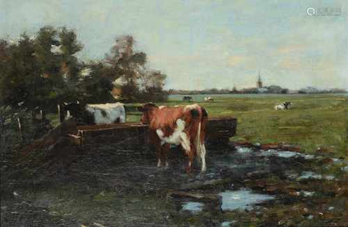 Cornelis Pouderoijen (1868-1948) 'Gezicht op Renkum met grazend vee', gesigneerd en gedateerd 1890