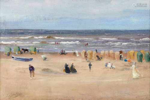 E. Stoffels 'Leven aan het strand, Katwijk aan Zee', gesigneerd en gedateerd 1909 l.o., marouflé.